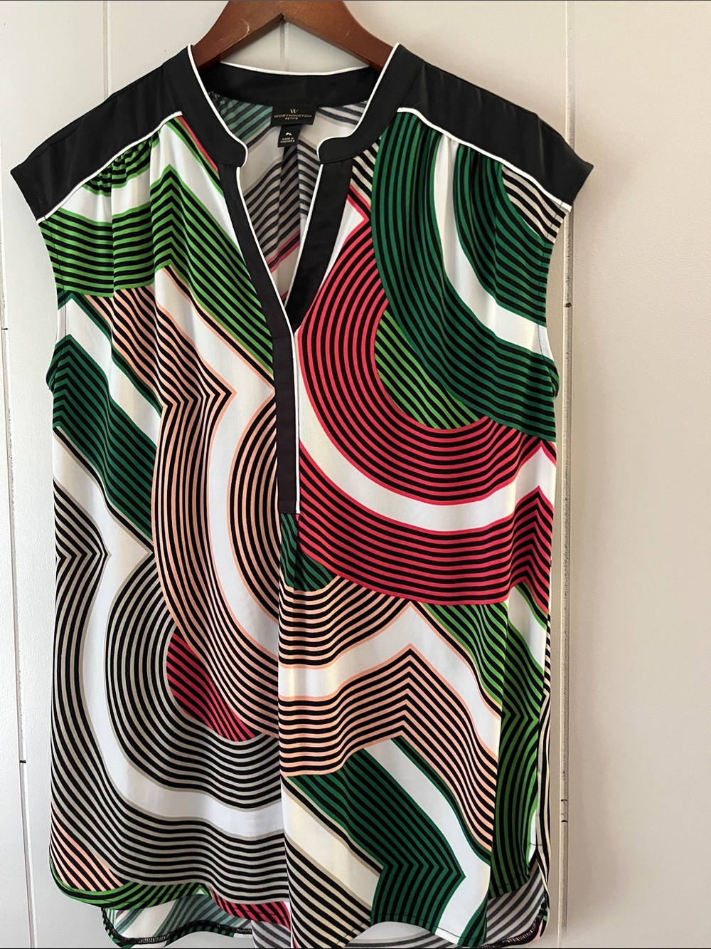 Worthington Multicolor Geometric Cap-Sleeve Blouse - Green, Red, Black, White - Picture 1 of 12